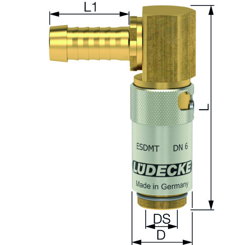 Lüdecke Temperierkupplung ESDMT/ESDT TempSecure mit Tülle 90° und Sicherung, Messing