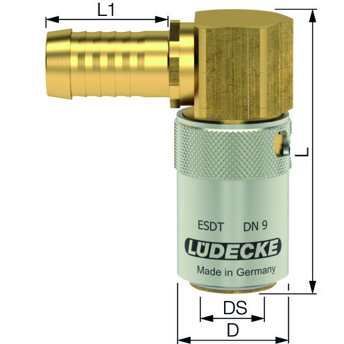 Lüdecke Temperierkupplung ESDMT/ESDT TempSecure mit Tülle 90° und Sicherung, Messing