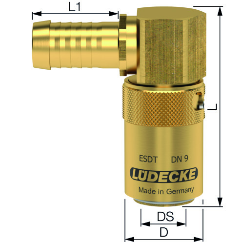 Lüdecke Temperierkupplung ESDMT/ESDT TempSecure mit Tülle 90° und Sicherung, Messing
