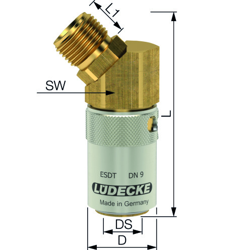 Lüdecke Temperierkupplung ESDMT/ESDT TempSecure mit AG 45° und Sicherung, Messing