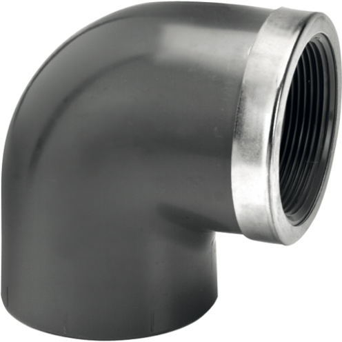 2.40 VDL PVC-U Knie 90° mit IG und Edelstahl-Verstärkungsring